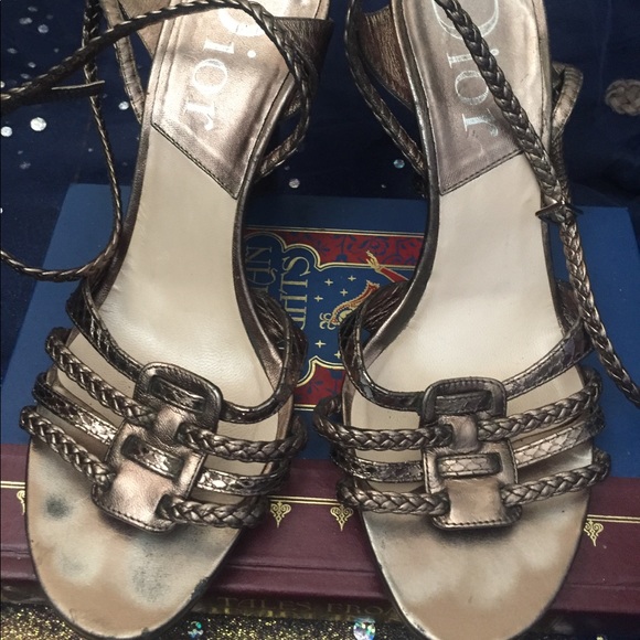 DIOR METALLIC PEWTER VTG GREEK BRAIDED LEATHER WEDGE Heels GORG LUX RARE 7 - Picture 6 of 6